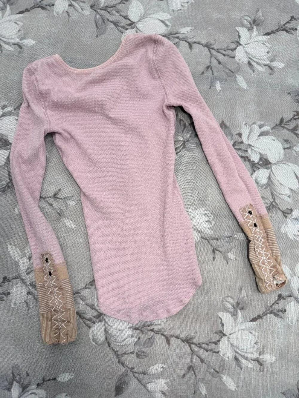 Free People We The Free Blush Pink Thermal Top Embroidered Mixed Media Cuffs XS